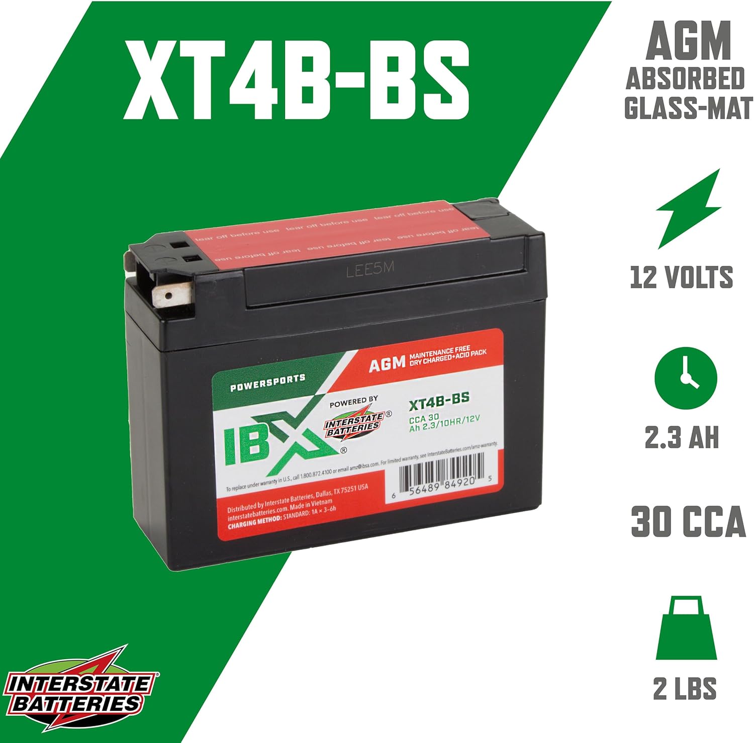 Interstate Batteries YT4B-BS 12V 2.3Ah Powersports Battery 30CCA AGM Rechargeable Replacement for Suzuki, Yamaha, Motorcycles, Mini-Bikes DR-Z50 DR-Z70 SR400 TTR110E TTR50E TTR90E (XT4B-BS)